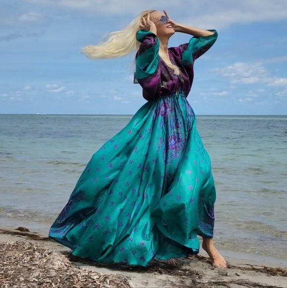 Handprinted Silk Authentic Designer Kimono Batik Long Maxi Dress Luxury Resort - Picture 15 of 16